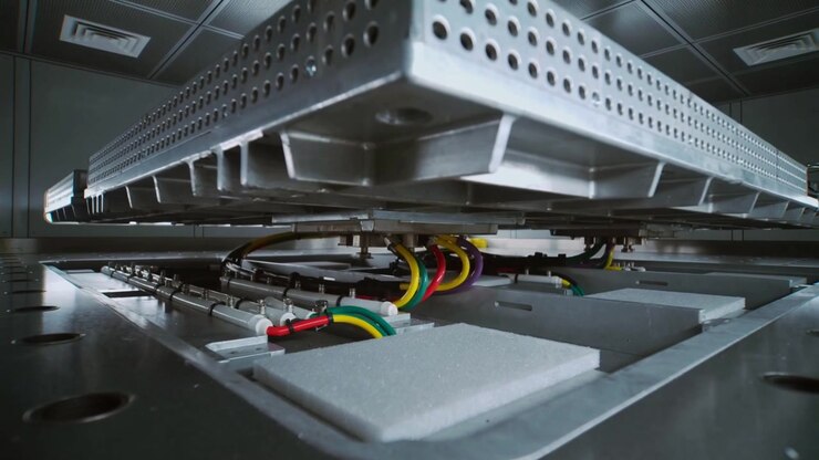 Actuator engaging, perforated panel lifting on base in test chamber for testing, revealing wiring