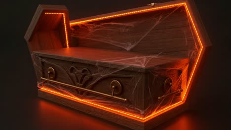 a haunted coffin surrounded by spiderwebs and glowing orange lights, perfectly capturing the eerie atmosphere of a spooky setting for halloween decor
