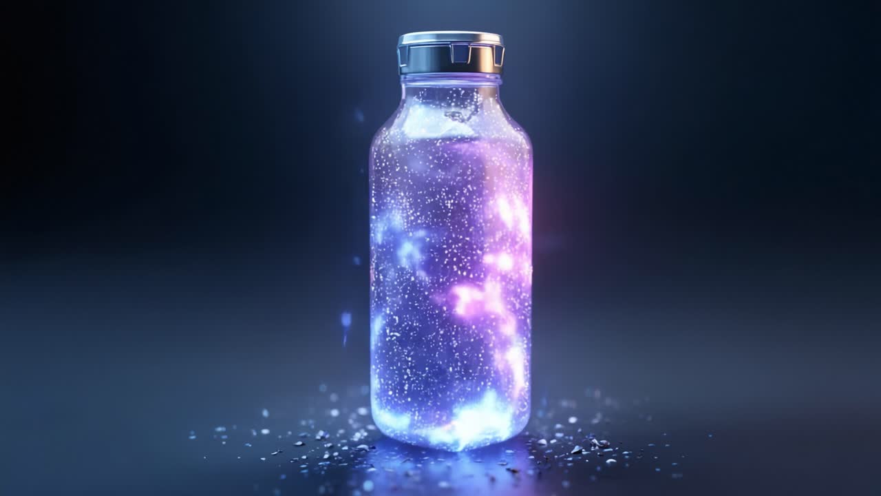 A mesmerizing bottle emanating a celestial glow, capturing the beauty of a cosmic wonder within, showcasing vibrant colors and sparkling particles that illustrate a magical essence