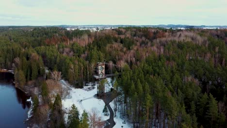 Luftaufnahme-Von-Anyksciai-Laju-Takas,-Einem-Baumwipfelpfadkomplex-Mit-Einem-Gehweg,-Einem-Informationszentrum-Und-Einem-Aussichtsturm,-Gelegen-In-Anyksciai,-Litauen,-In-Der-Nähe-Des-Flusses-Sventoji