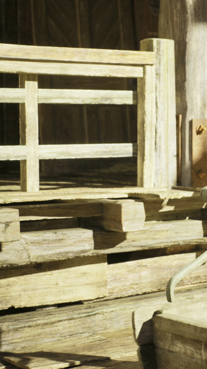 Weathered wooden stack and rustic farm tools create a timeless scene