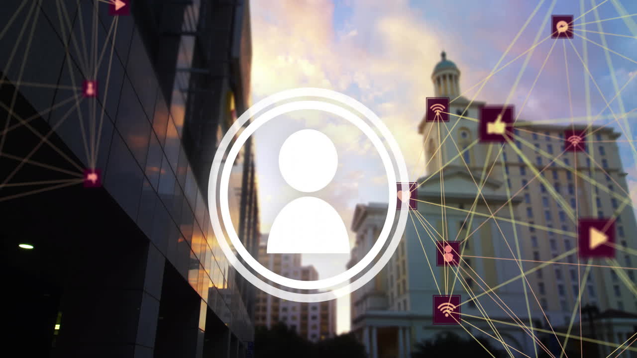 Network connections and user icon animation over cityscape with buildings