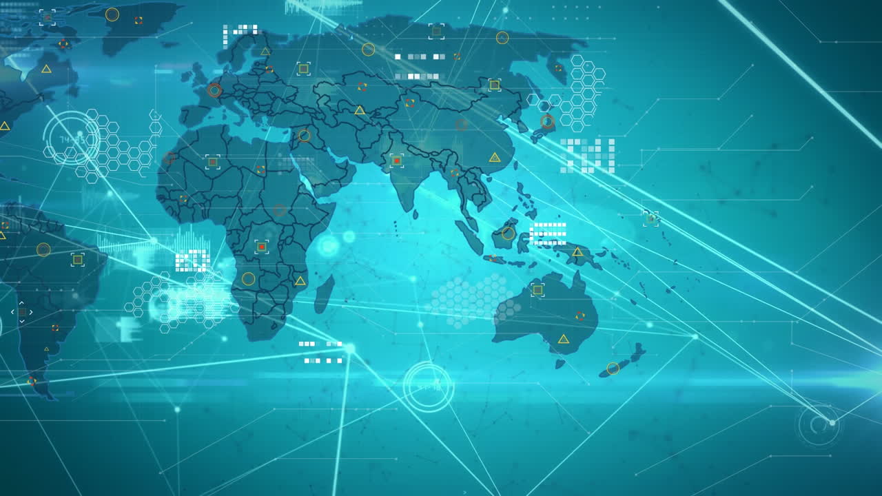 파란색 배경에 대한 지도, 음파 및 그래프 아이콘 위에 연결된 점의 애니메이션