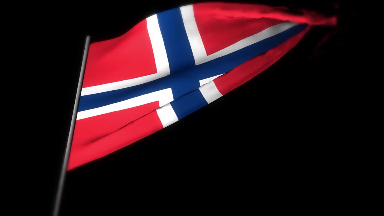 노르웨이 발, 파란 발의 현실적인 3d 애니메이션, 바람에 파란 노르웨이 국기, 노르웨이의 국기, 원활한 루프 애니메이션, 4k 고품질, 3d 렌더링