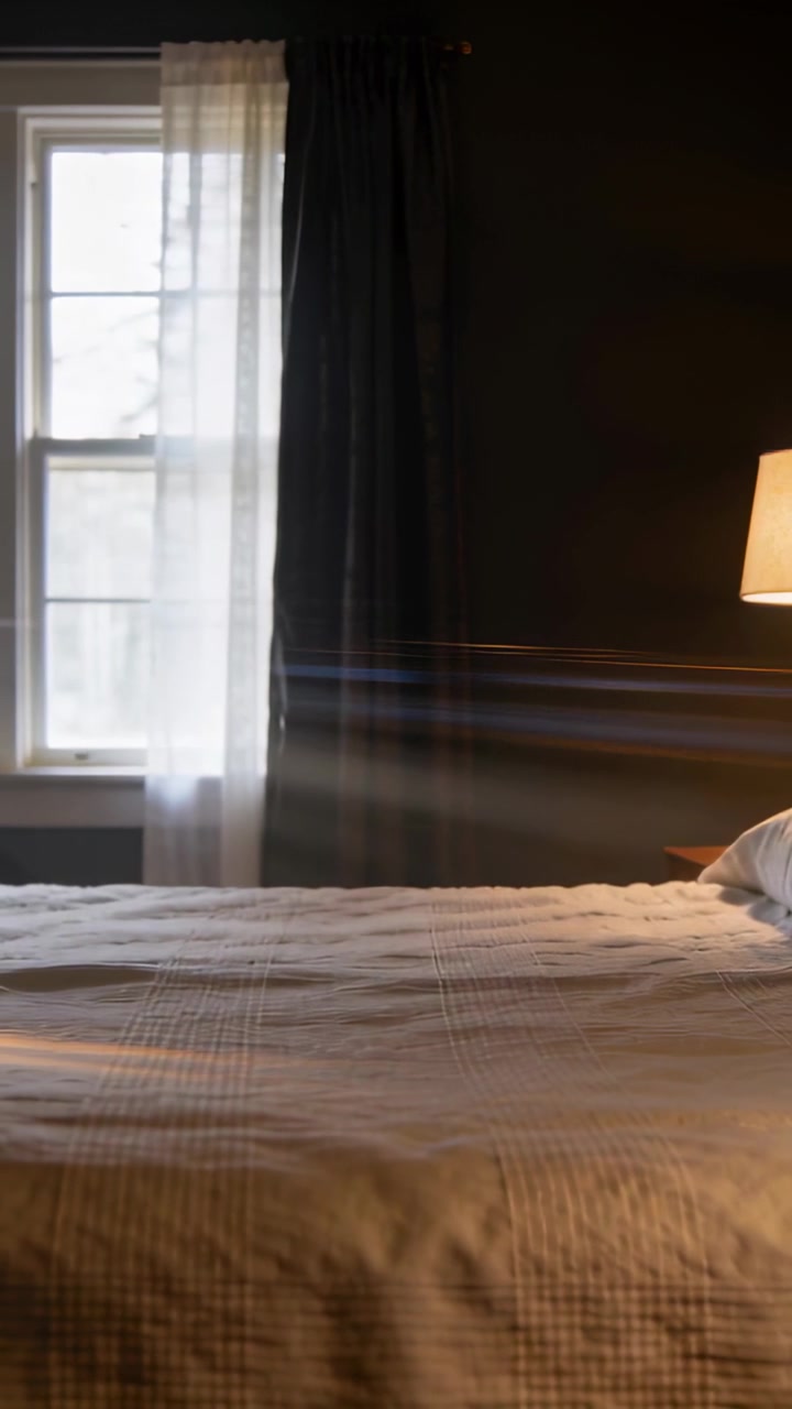 Video verticale: Luce del giorno che si sposta attraverso la tenda proiettando strisce sul letto in camera da letto e una lampada accesa.