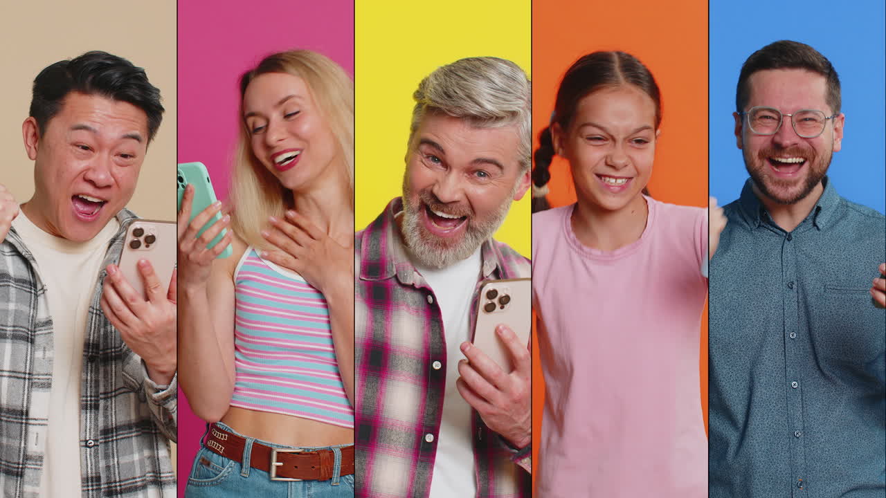 collage de personas sonrientes felices hombres mujeres usan teléfonos móviles celebrando ganar buenas noticias jugar un juego