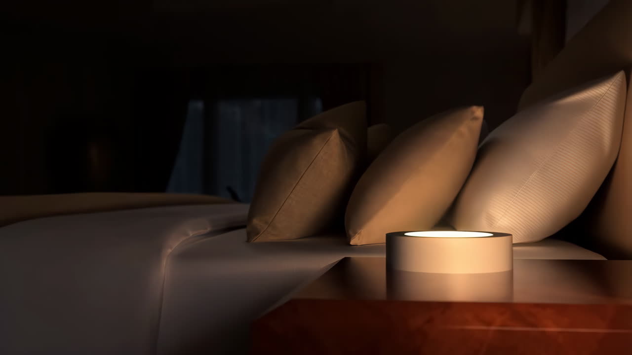 Cozy Bedroom Scene with Bedside Lamp and Soft Lighting