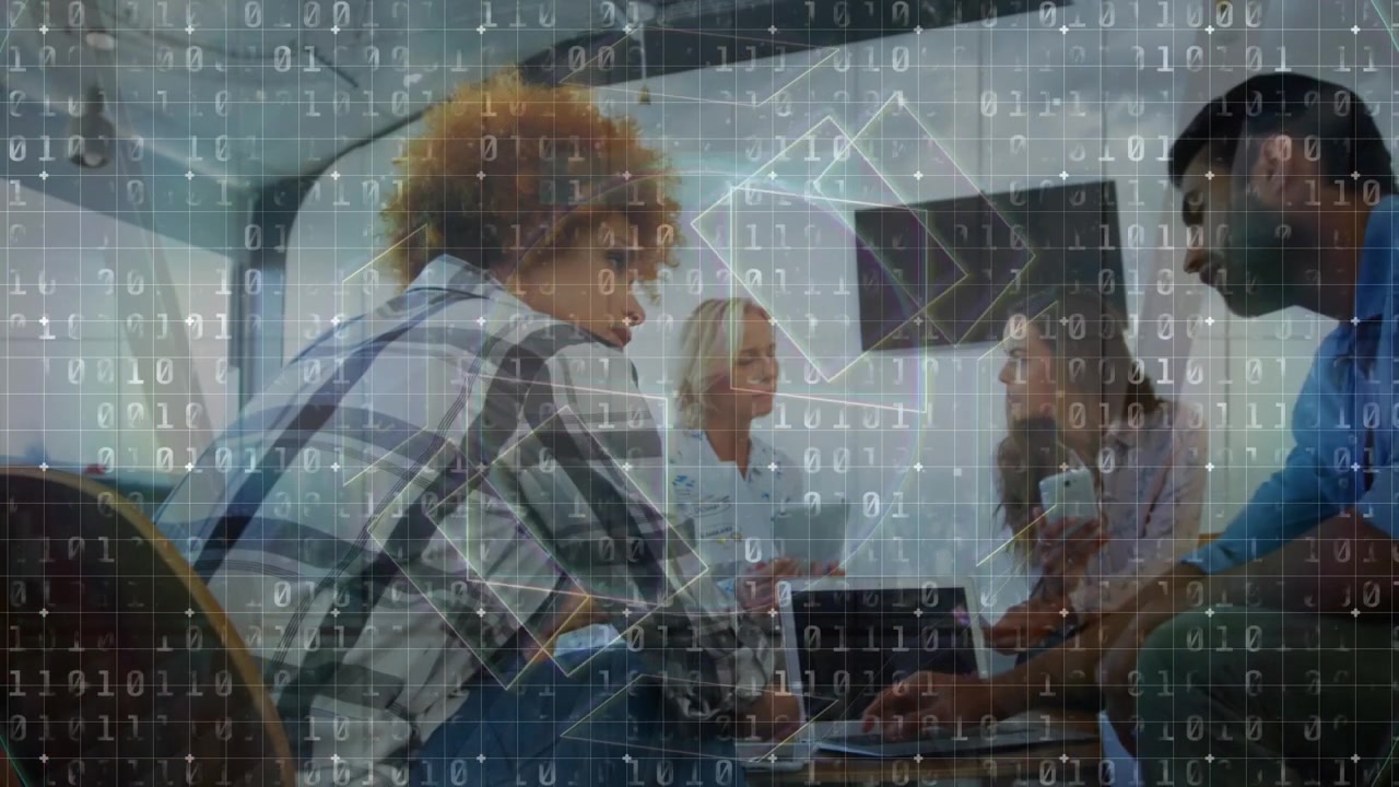 Animation of binary coding and data processing over diverse business people working in office
