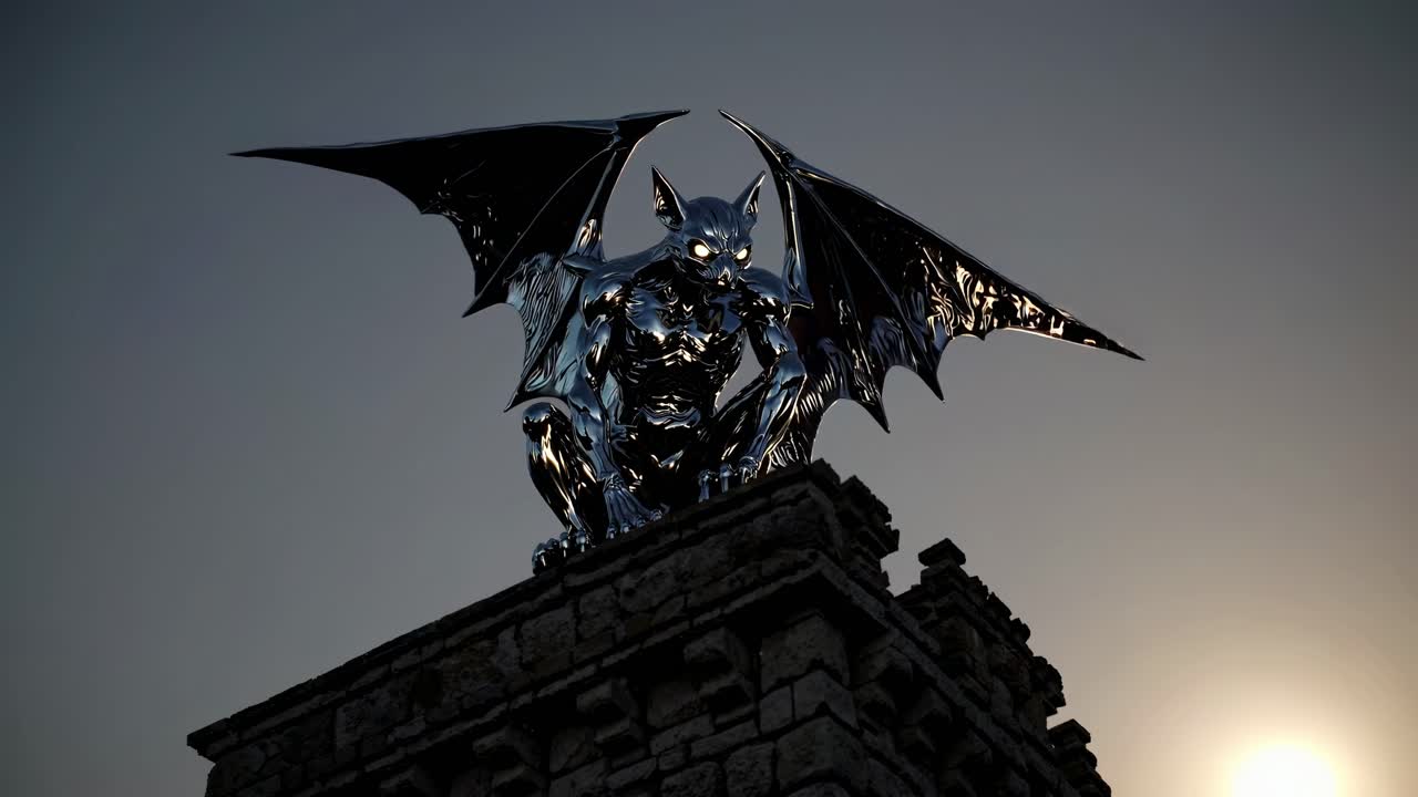 Metallic Gargoyle Statue on Ancient Stone Tower