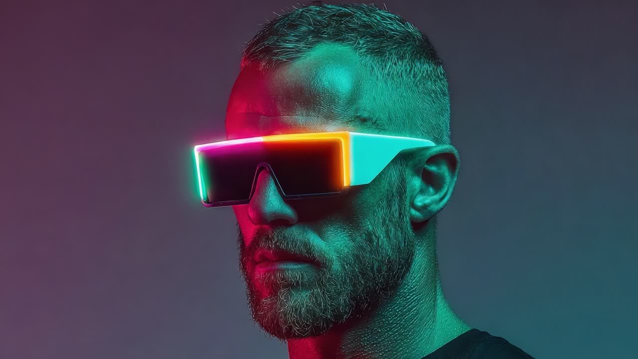 A striking portrait of a man wearing futuristic neon sunglasses with vibrant lighting that highlights his rugged features and showcases modern style and technology