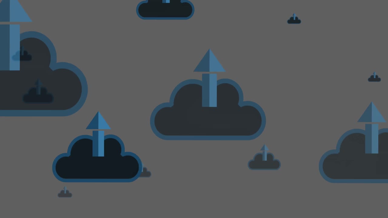 Animation of clouds with blue arrows moving on grey background