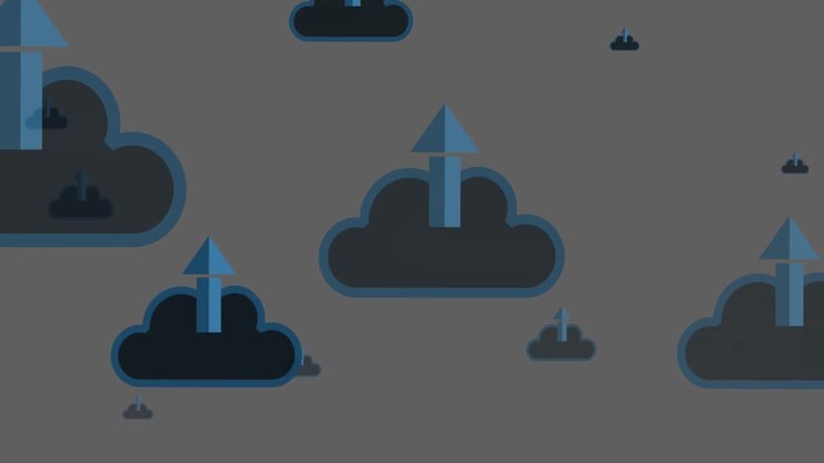 Animation of clouds with blue arrows moving on grey background