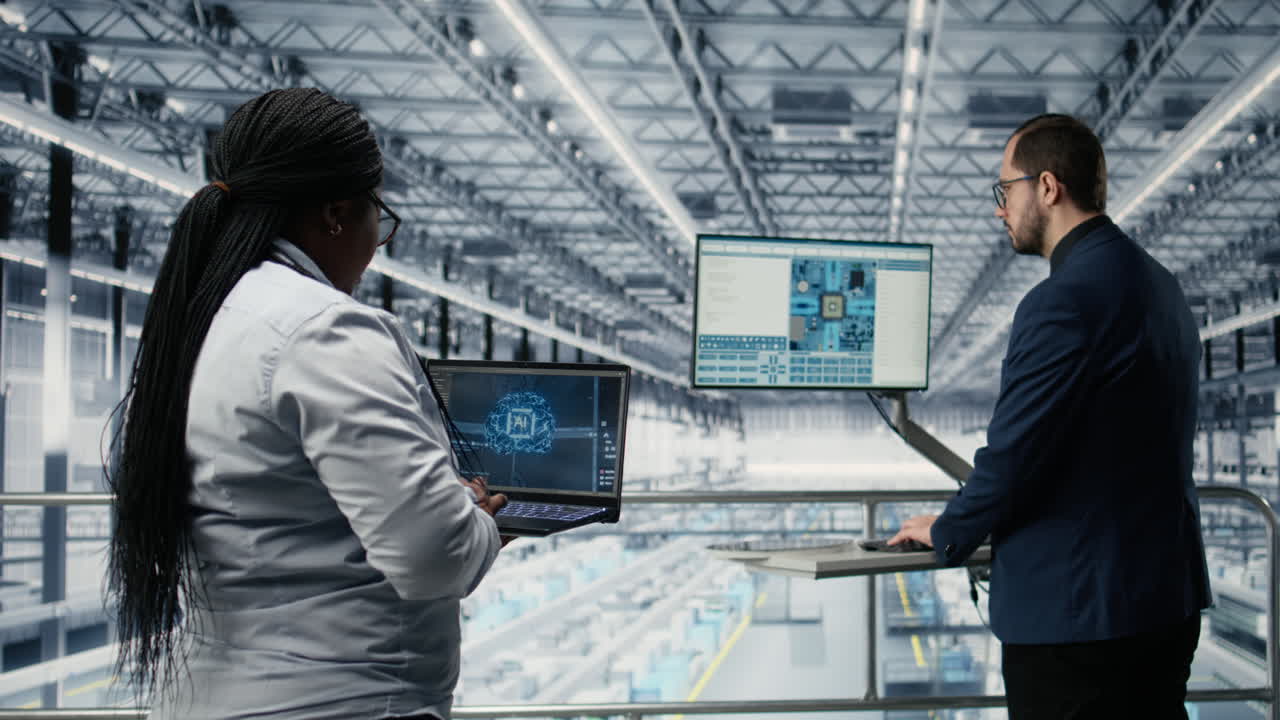 Using AI, microchip innovative technology and woman with colleague