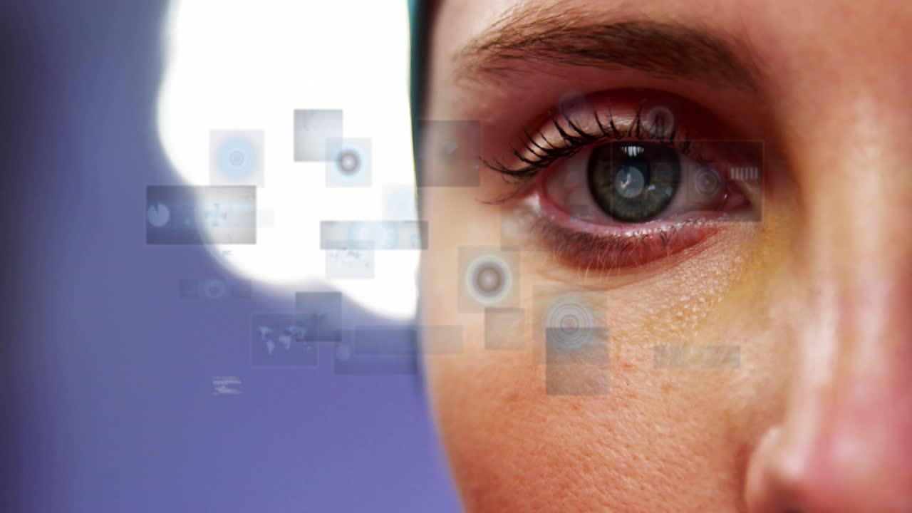 Woman holding forward gaze in studio, system activating HUD panels aligning with iris for tech demo