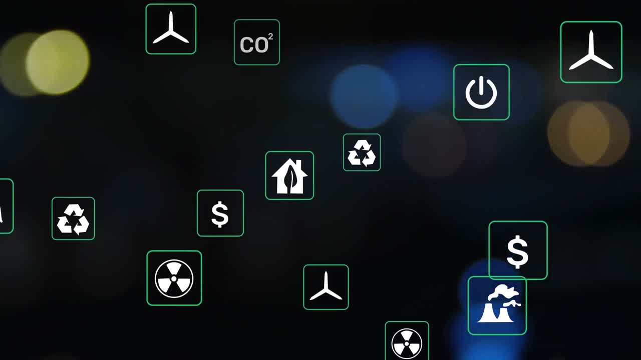 도시의 거리에서 움직이는 흐릿한 차량 위의 사각형에서 여러 아이콘의 애니메이션