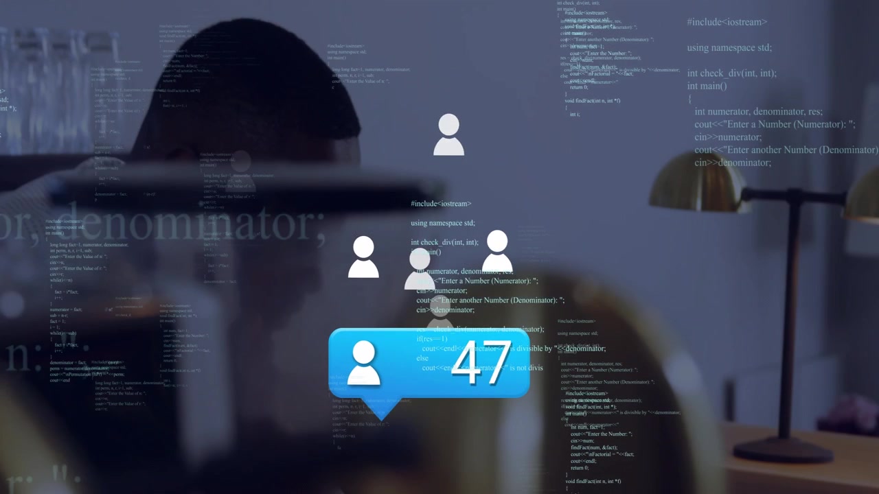 Man on phone, notice bubble rising, code flowing, shifting to laptop, typing, managing tech growth