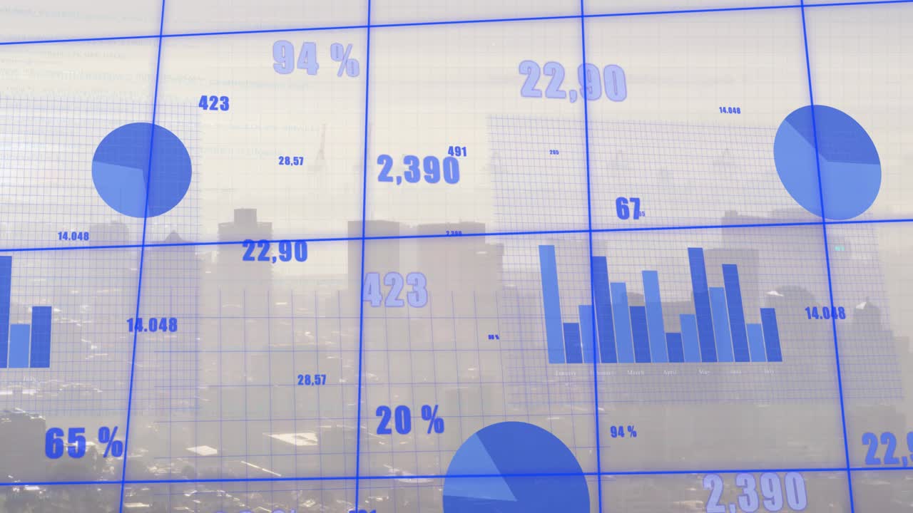 Gennemsigtigt blåt dashboard indlæses, diagrammer opdateres og procenter stiger, hvilket visualiserer vækst