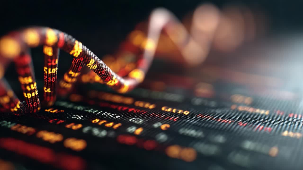 A Close-Up View of a Striking DNA Helix Emerging from a Matrix of Vibrant Genetic Data, Highlighting the Intricacies of Life's Instructional Blueprint