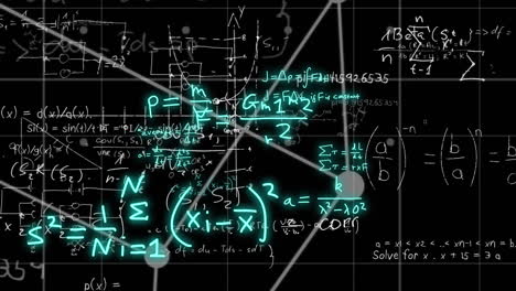 Animation of mathematical formulae and scientific data processing over black background