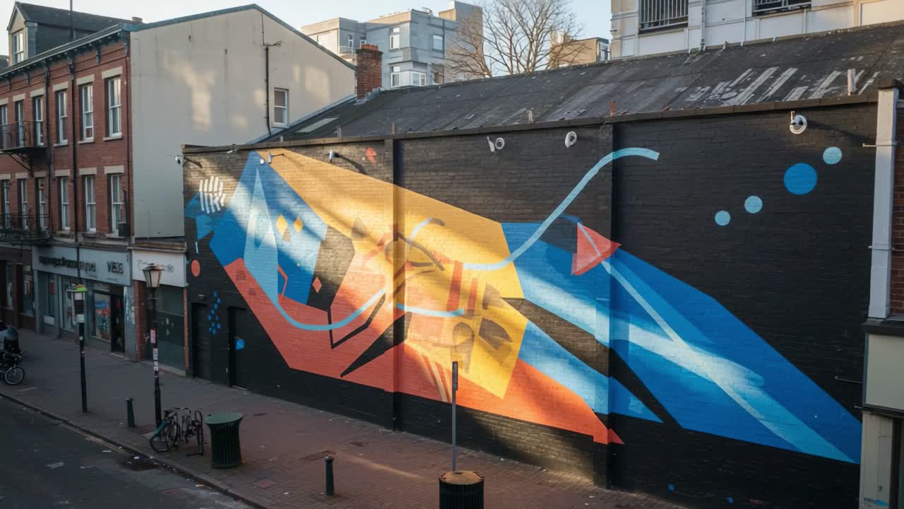 Vibrant Street Art Mural Enhancing Urban Landscape with Bold Colors and Abstract Shapes, Capturing the Essence of Creative Urban Expression and Public Art Culture