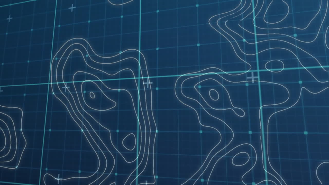 파란색 배경 위에 토포그래픽 지도 선과 그리드를 애니메이션화합니다.