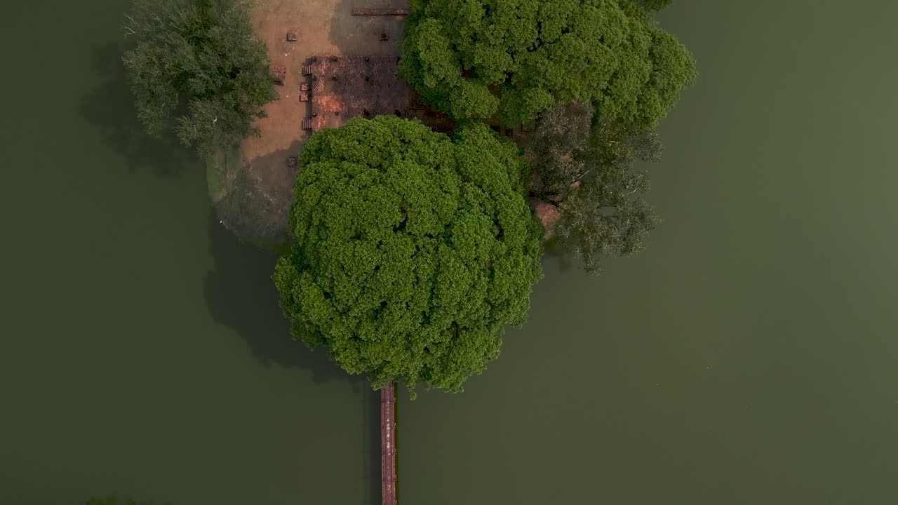 Aerial View of a Wooden Bridge Connecting to a Lush Green Island in a Lake