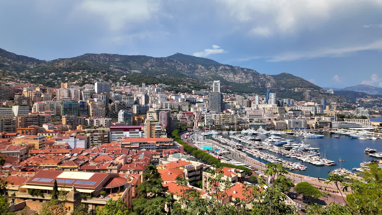 Aerial view of white boats docked in the Monaco Marina with the skyline on the background