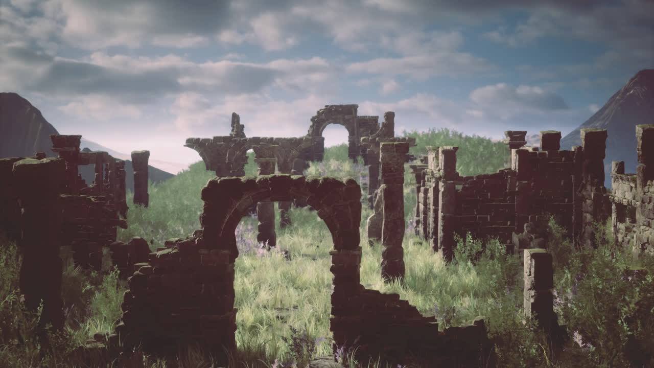 Ancient ruins in mountains under a cloudy sky