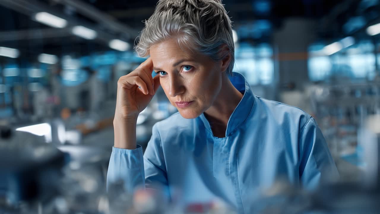 Woman in blue lab coat ponders. Her hand touches her temple, eyes focused. Facility glows with blue lighting, machines hum. She's thoughtful, not stressed. Scientific innovation, research, discovery