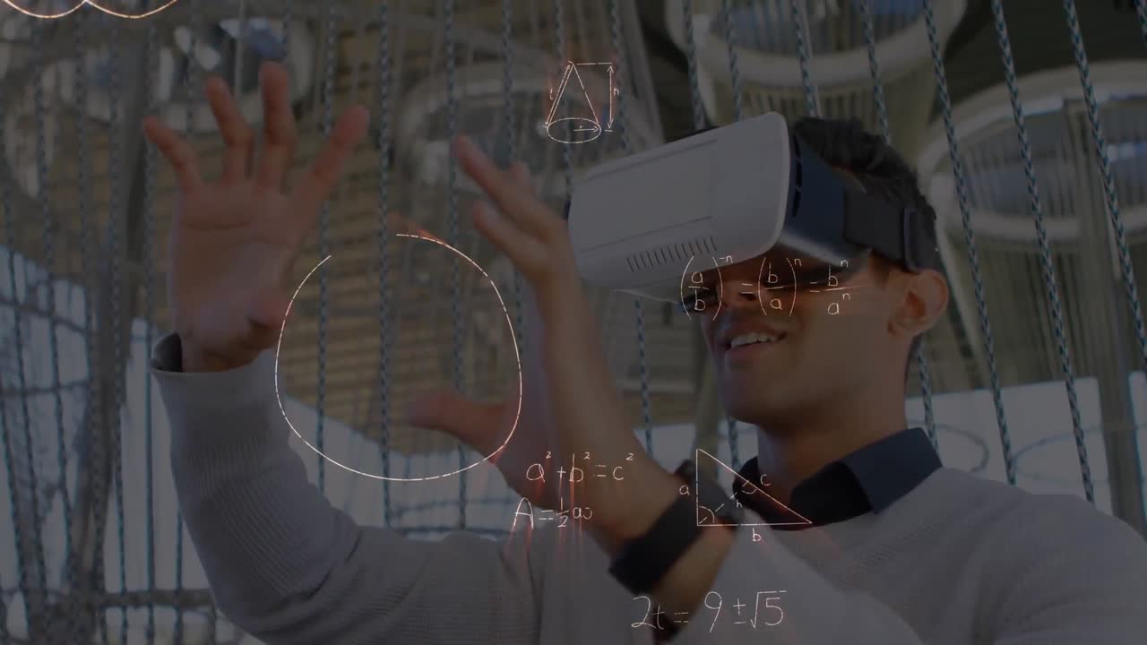 Animation of mathematical formulas over man using vr headset