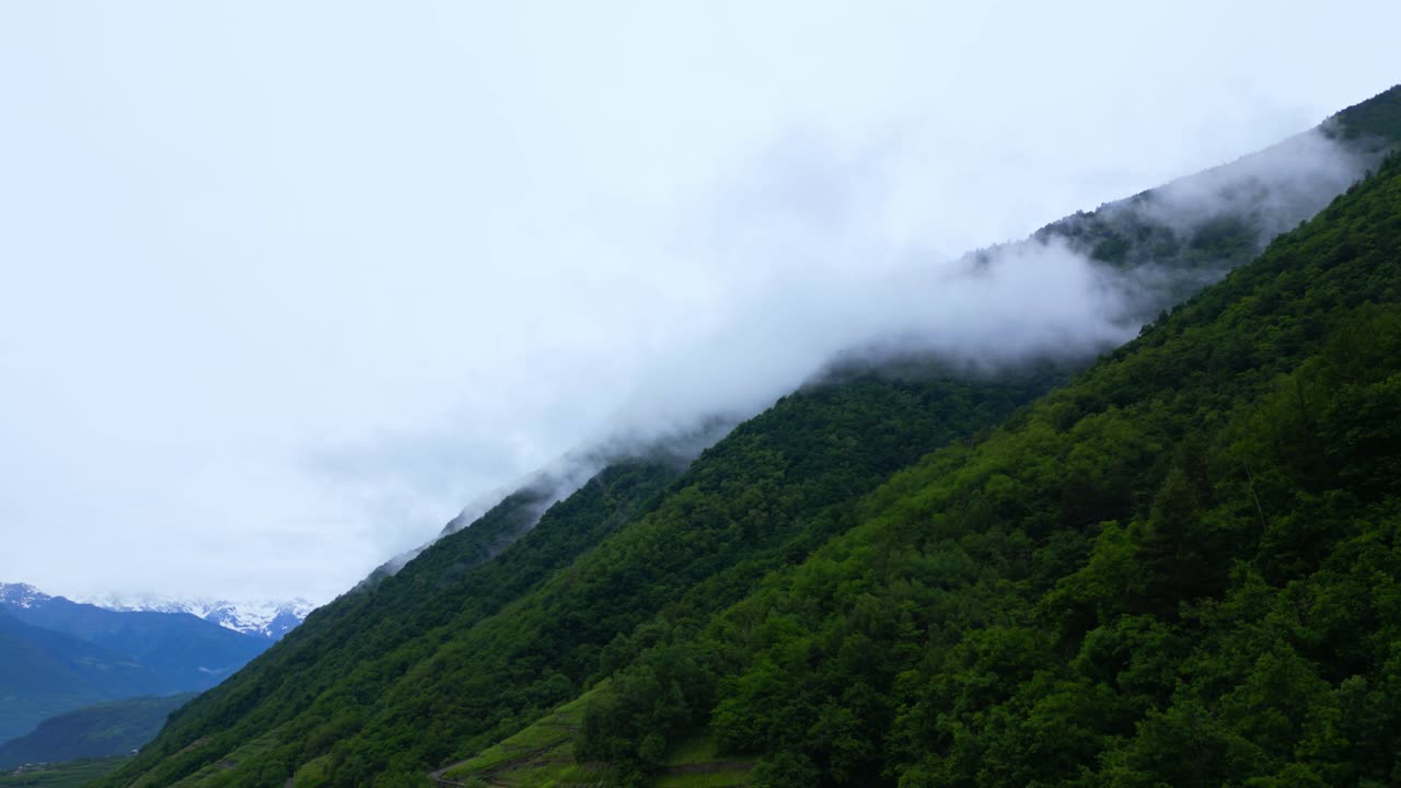 Wide cinematic shot of rolling clouds crossing a dark green mountain crest in the Italian Alps. Shot at Villa di Tirano, Sondrio, Italy (Italia)