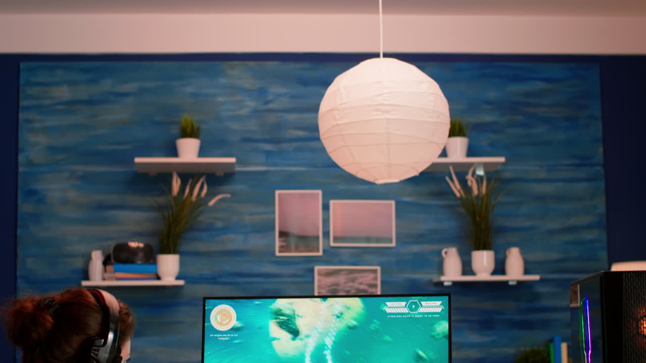 Professional pro gamer playing space shooter video game new graphics