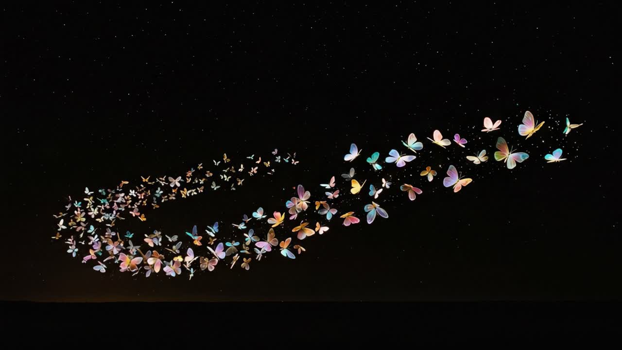 A Beautiful Swarm of Colorful Butterflies Illuminating the Night Sky with Their Graceful Flight, Creating a Magical and Enchanting Visual Experience