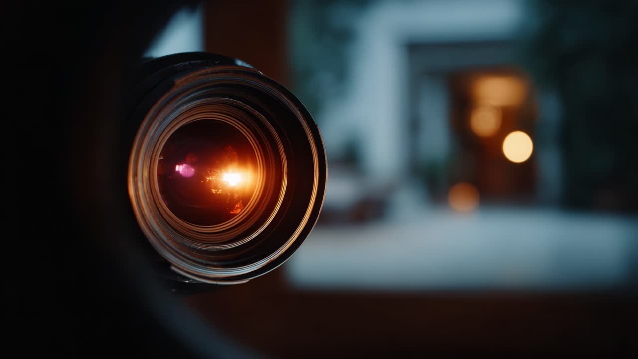 Primo piano di un obiettivo fotografico focalizzato su uno sfondo artistico con una splendida illuminazione bokeh, che cattura l'essenza della fotografia e della narrazione visiva