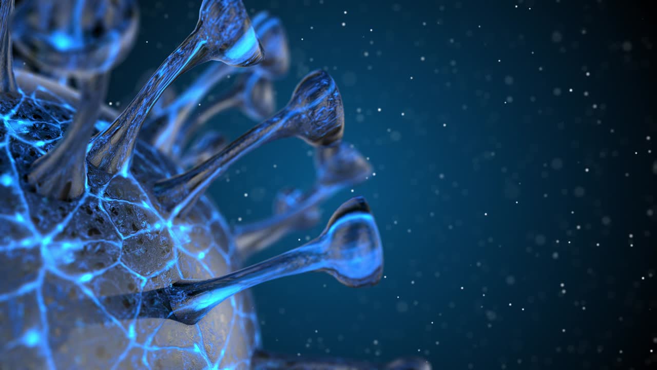 alerta de corona covid-19 sos. bacteria pandémica patógeno riesgo médico para la salud, inmunología, virología, concepto de epidemiología. célula de virus del microscopio. animación en bucle de renderización 3d.
