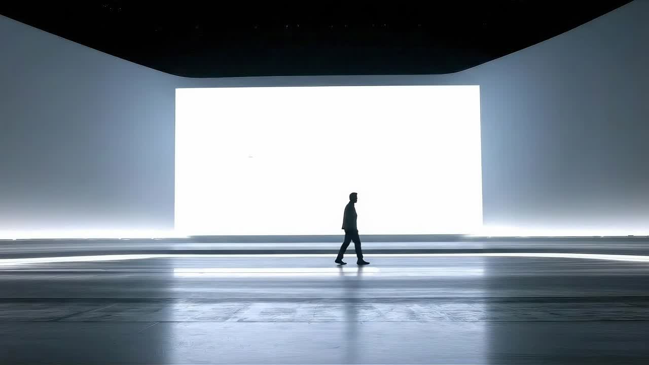 Silhouette di una persona che cammina davanti a uno schermo luminoso, ripresa da una bassa angolazione, stile video