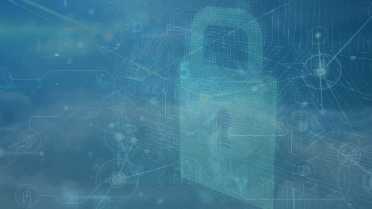 animación de la red de conexiones con procesamiento de datos sobre el icono del candado