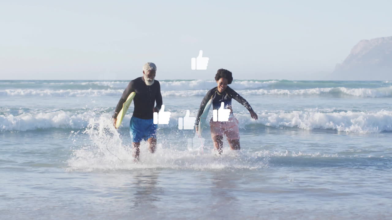 Mature man and woman running through waves showing floating thumbs-up icons for business marketing