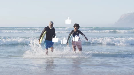 mature man and woman running through waves showing floating thumbs-up icons for business marketing