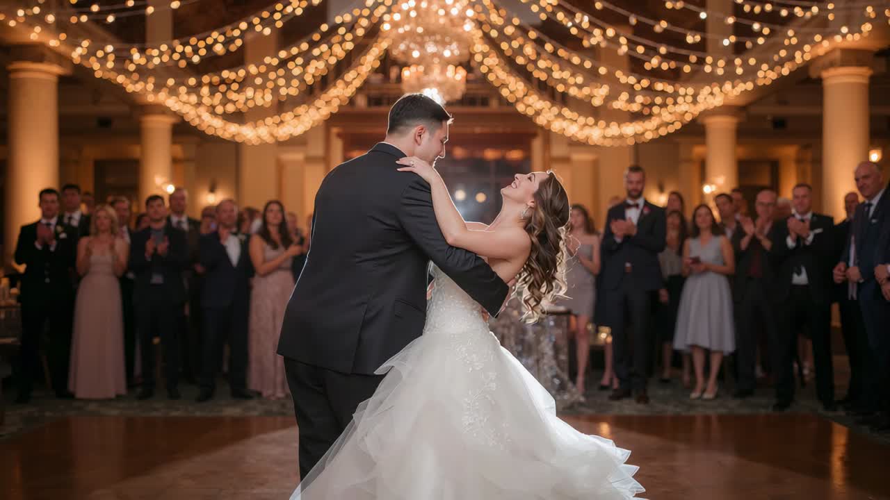 Spinning bride and groom doing first dance on ballroom floor after guests clapping, in gown tuxedo