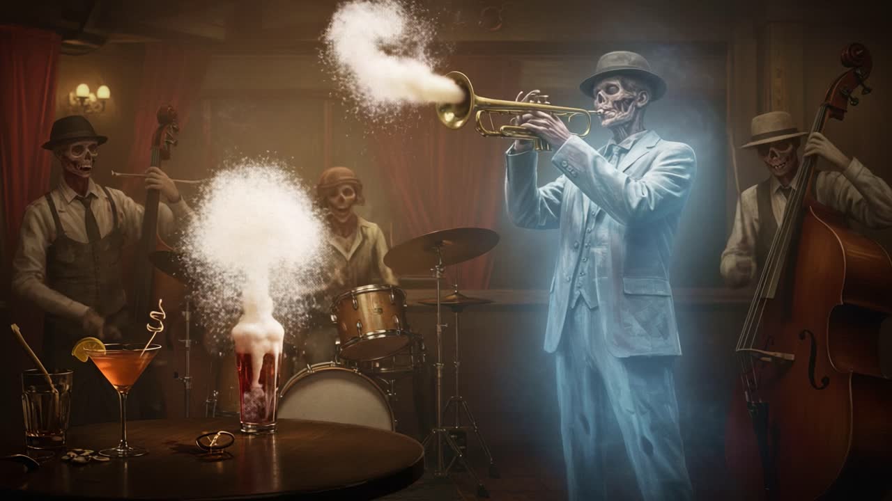 A Haunting Jazz Ensemble of Skeleton Musicians Captivating the Night with Melodic Sounds, Enveloped in an Ethereal Aura of Mystery and Fun