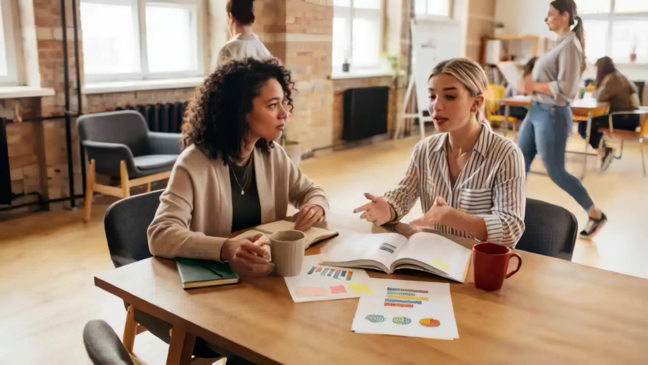 Reviewing charts, striped blouse woman explaining while cardigan coworker noting at office to plan