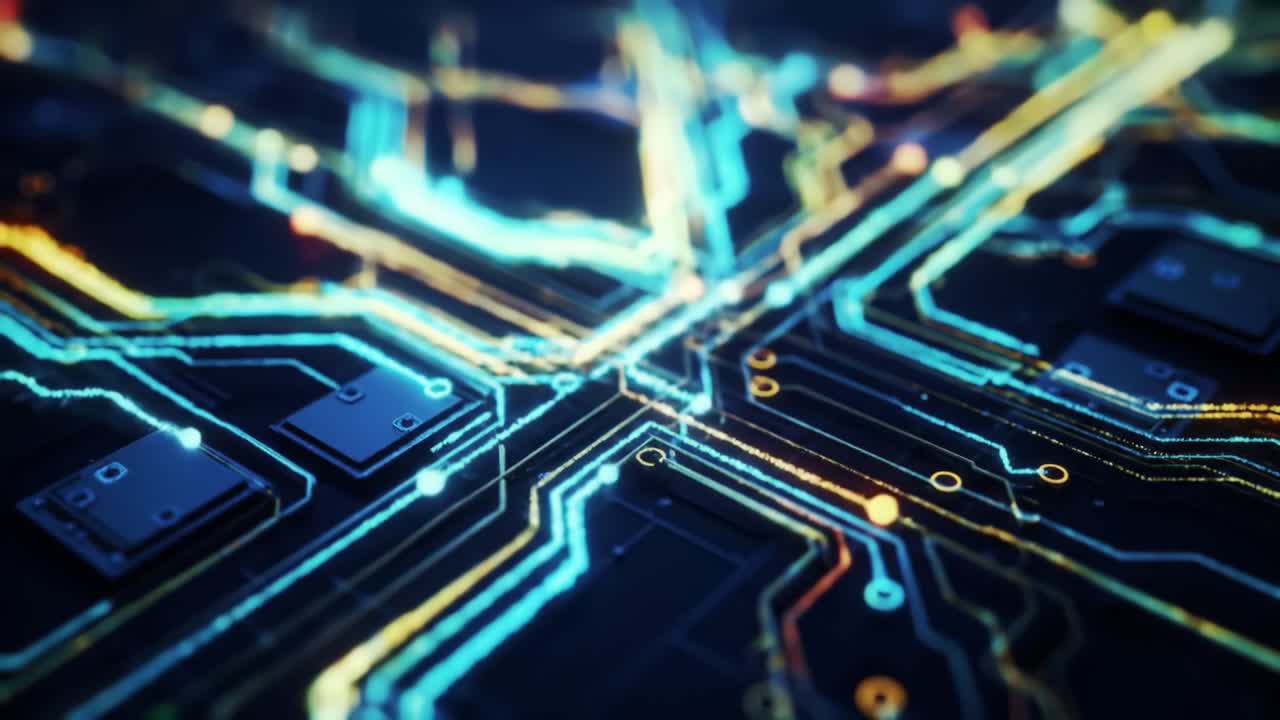 A Stunning Close-Up View of Complex Circuitry with Quantum Lines Illuminating the Path in a Futuristic Technology Environment