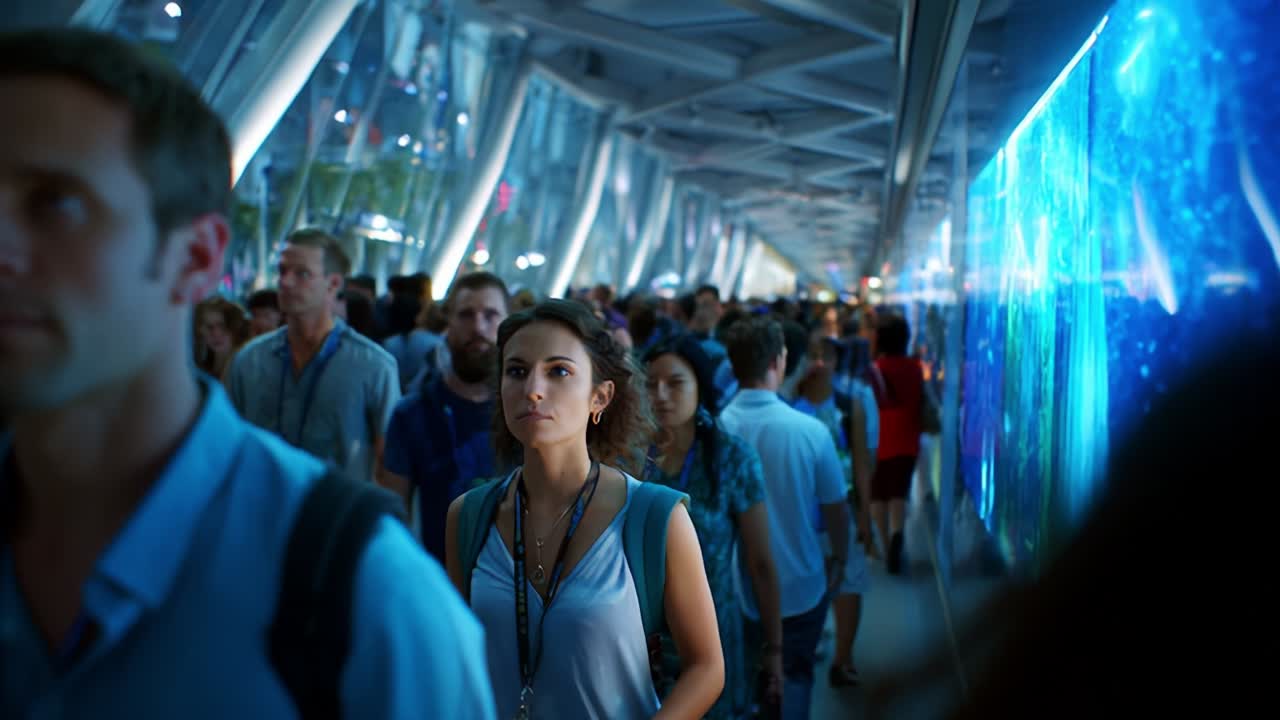 Folla di persone che camminano in un tunnel moderno