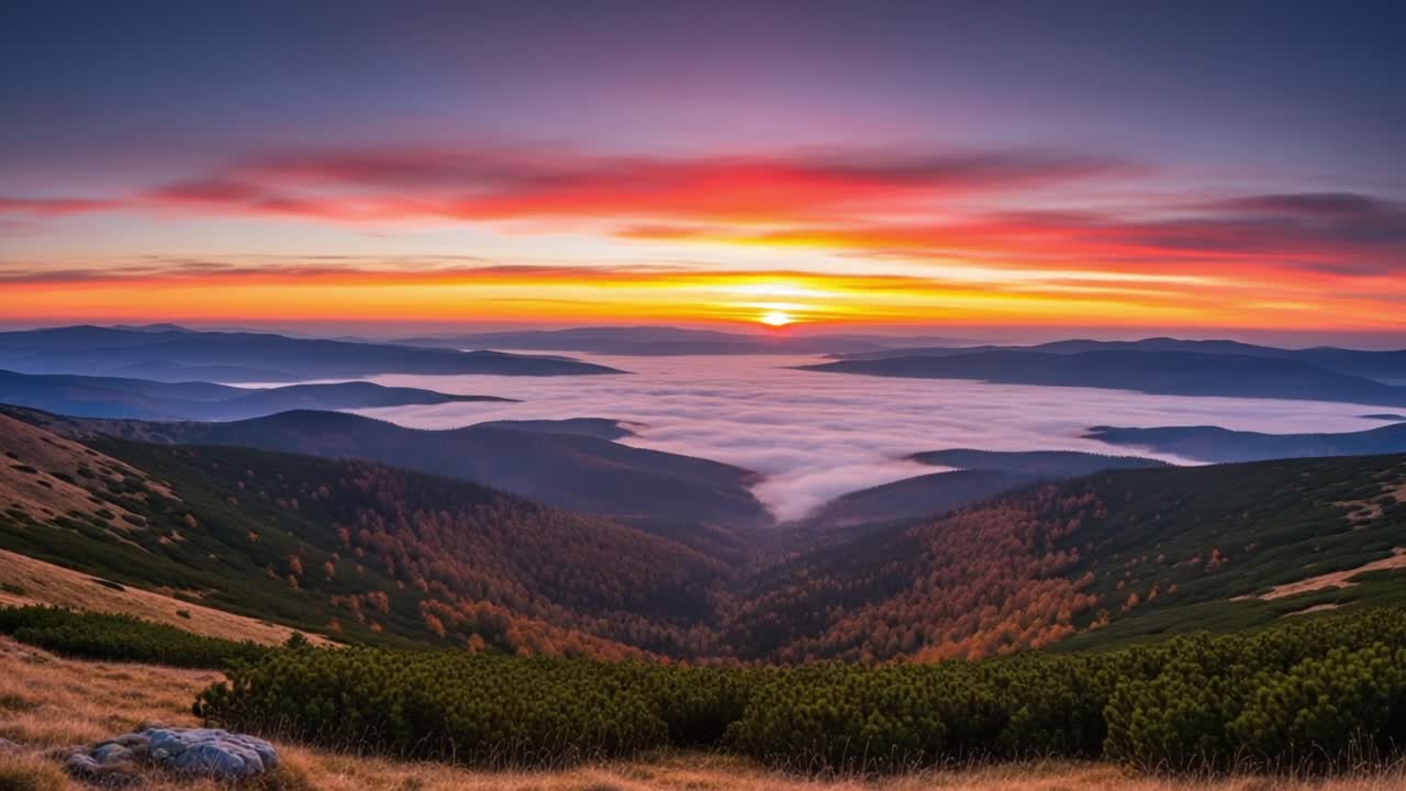 Breathtaking Sunrise Over Rolling Hills and Misty Valleys: A Serene Atmosphere Captured in Two Frames of Nature's Beauty at Dawn