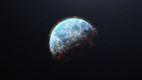 Planet-Earth-Covered-With-Connection-Dots-And-Lines,-Rotating-Against-Night-Sky