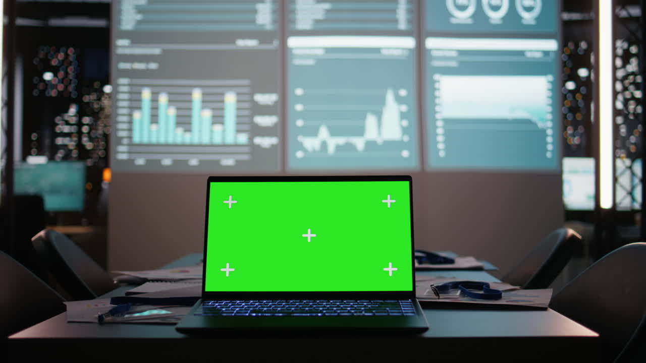 Boardroom is staged for success with green screen and forecasting visuals