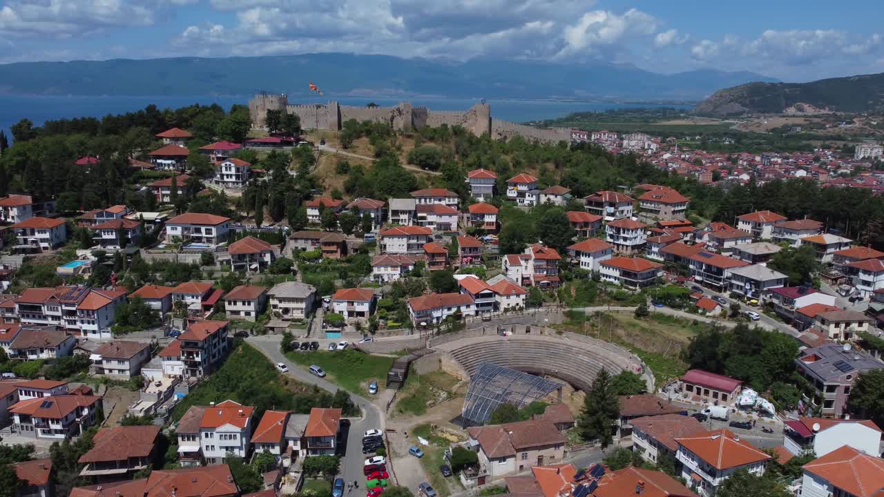 Aerial view of Samuel's Fortress atop of Ohrid and Ancient Roman Theatre - Macedonia