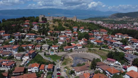 aerial view of samuel's fortress atop of ohrid and ancient roman theatre - macedonia
