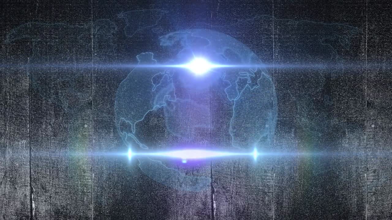 animación de globo con mapa del mundo y senderos de luz sobre fondo de madera